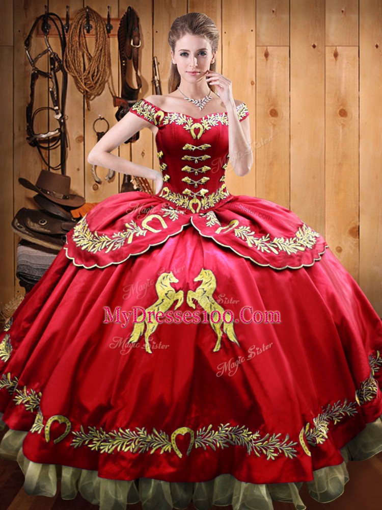 Flirting Floor Length Red 15th Birthday Dress Satin and Organza Sleeveless Beading and Embroidery