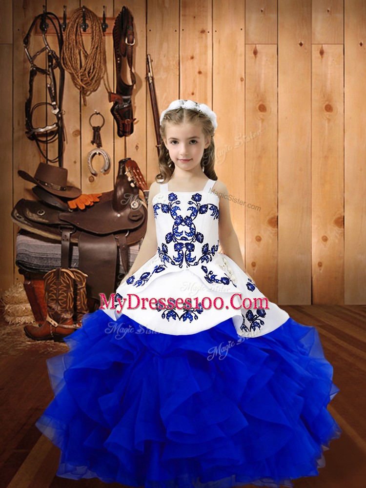 On Sale Sleeveless Floor Length Embroidery and Ruffles Lace Up Little Girl Pageant Gowns with Royal Blue
