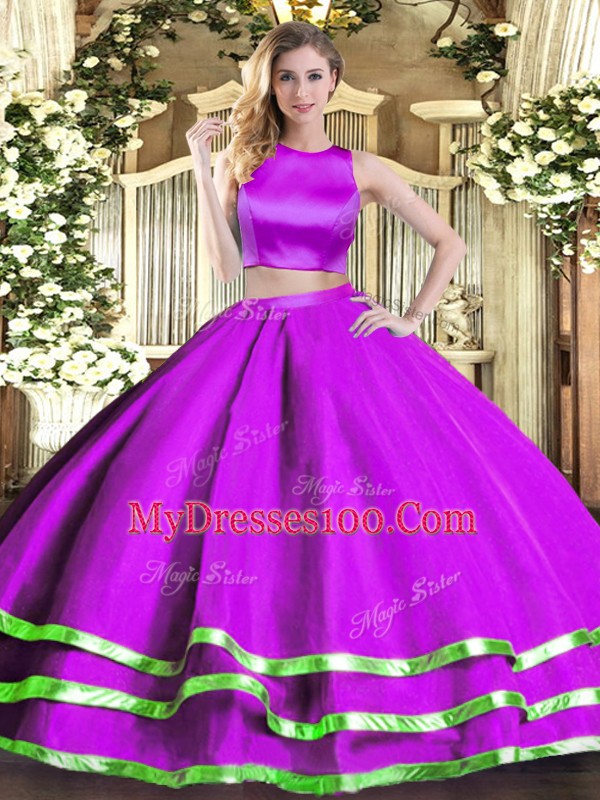 Suitable Purple Sleeveless Tulle Criss Cross Sweet 16 Dress for Military Ball and Sweet 16 and Quinceanera