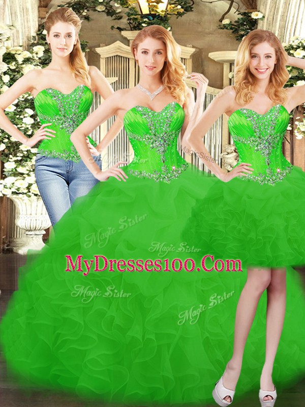 Attractive Green Three Pieces Sweetheart Sleeveless Organza Floor Length Lace Up Ruffles and Bowknot Quinceanera Dress