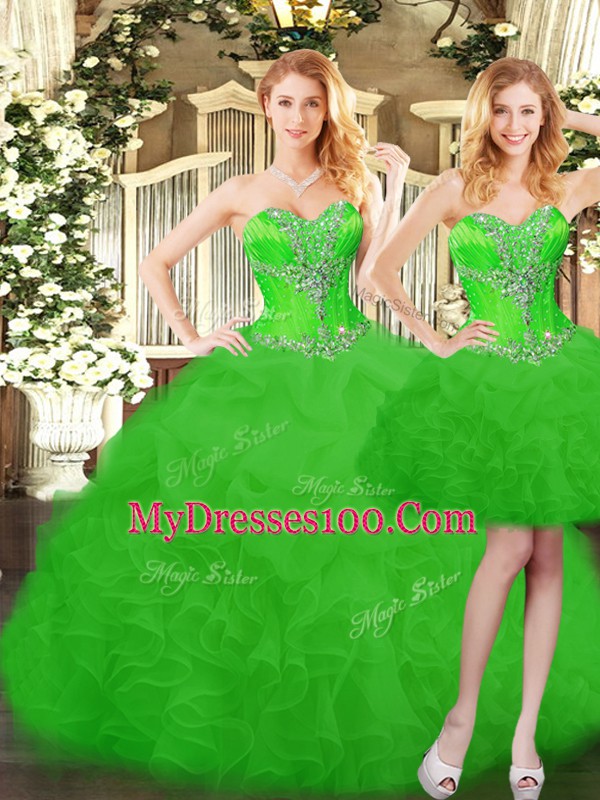 Attractive Green Three Pieces Sweetheart Sleeveless Organza Floor Length Lace Up Ruffles and Bowknot Quinceanera Dress