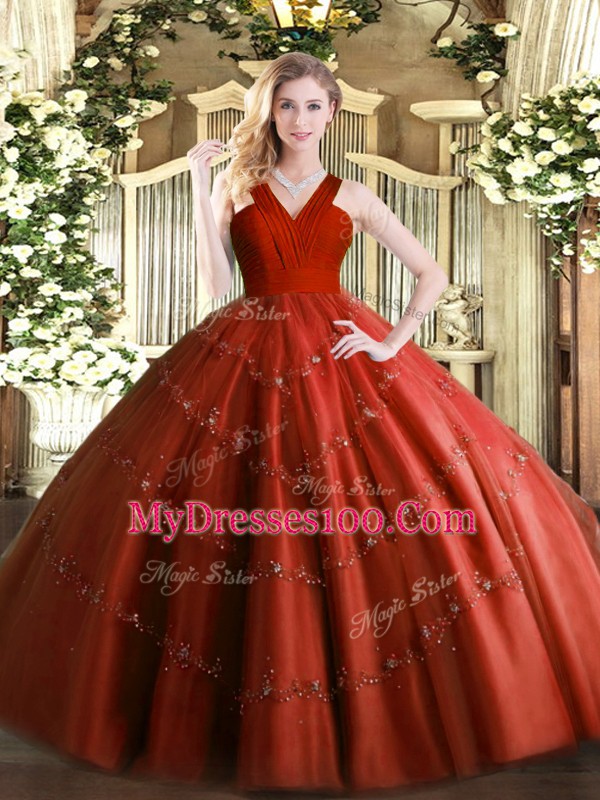 Rust Red Sleeveless Beading Floor Length Quince Ball Gowns