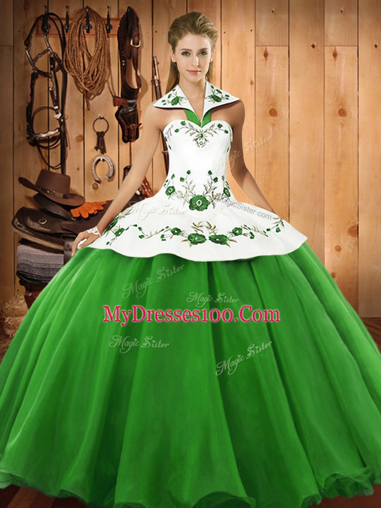 Wonderful Green Satin and Tulle Lace Up Quinceanera Gown Sleeveless Floor Length Embroidery