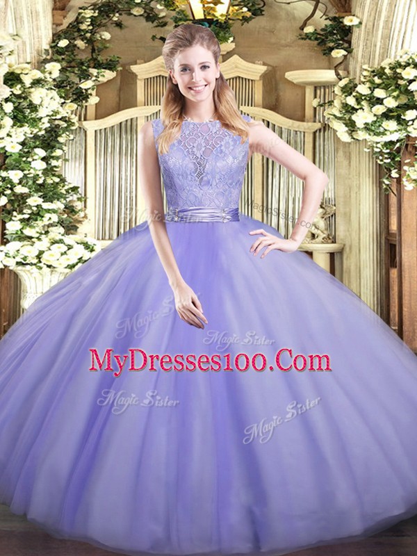 Traditional Lavender Sleeveless Lace Floor Length Vestidos de Quinceanera