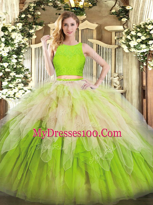 Decent Multi-color Scoop Neckline Lace and Ruffles Sweet 16 Quinceanera Dress Sleeveless Zipper