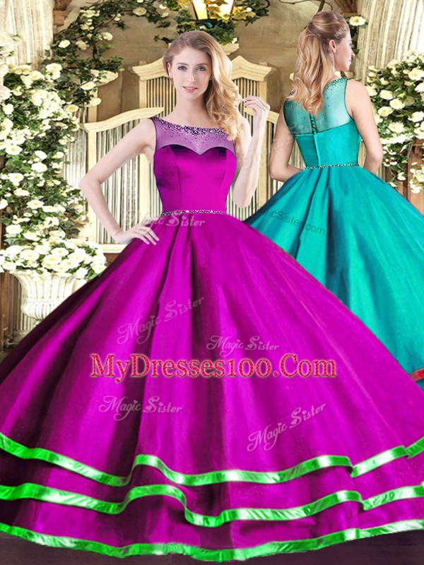 Inexpensive Fuchsia Scoop Lace Up Beading and Ruffled Layers 15 Quinceanera Dress Sleeveless