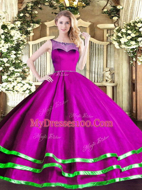 Inexpensive Fuchsia Scoop Lace Up Beading and Ruffled Layers 15 Quinceanera Dress Sleeveless