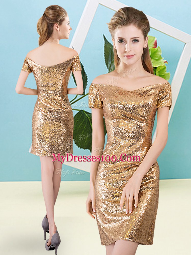 Column/Sheath Evening Gowns Gold Off The Shoulder Sequined Short Sleeves Mini Length Zipper