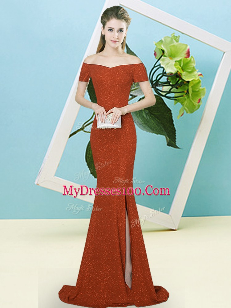 Rust Red Mermaid Sequins Evening Dress Zipper Sequined Short Sleeves