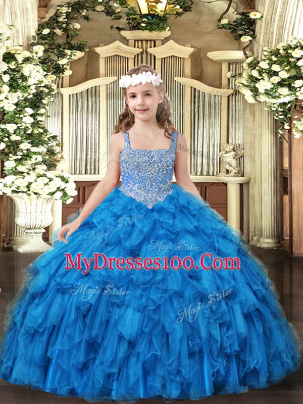 Baby Blue Ball Gowns Beading and Ruffles Pageant Dress Wholesale Lace Up Tulle Sleeveless Floor Length