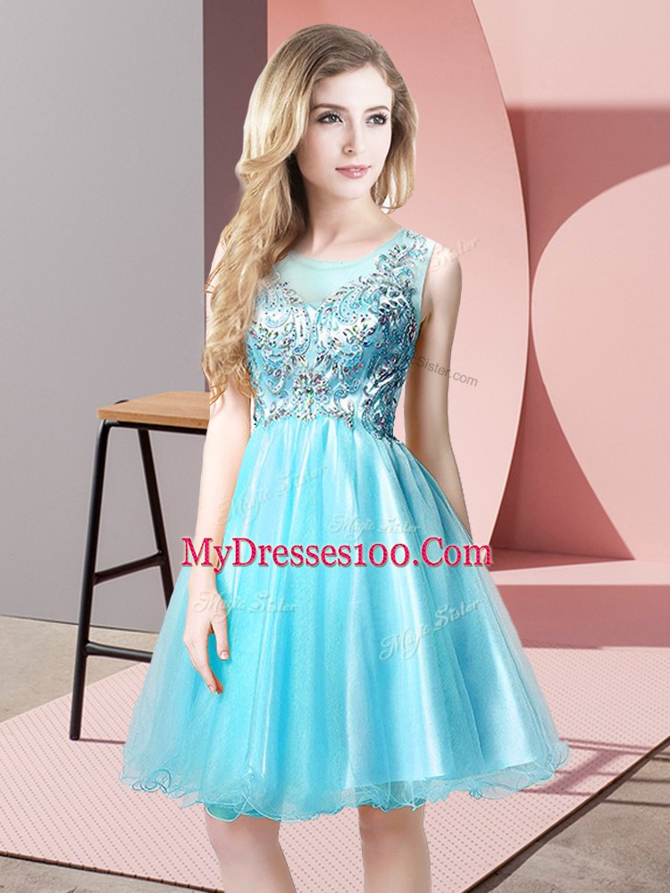 Aqua Blue Party Dress for Toddlers Prom and Party with Beading Scoop Sleeveless Zipper