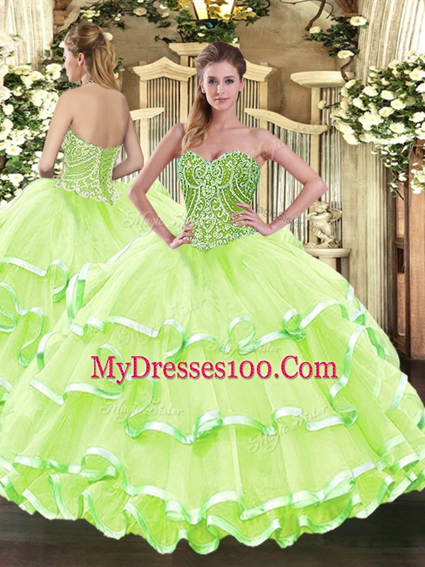 Floor Length Ball Gowns Sleeveless Yellow Green 15th Birthday Dress Lace Up