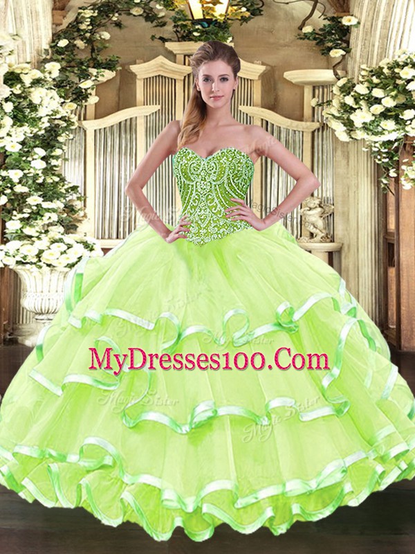 Floor Length Ball Gowns Sleeveless Yellow Green 15th Birthday Dress Lace Up