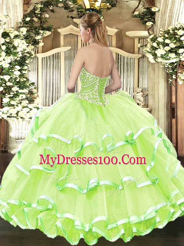 Floor Length Ball Gowns Sleeveless Yellow Green 15th Birthday Dress Lace Up