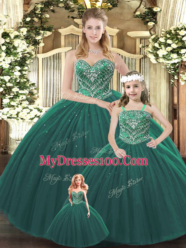 Dramatic Dark Green Tulle Lace Up Sweetheart Sleeveless Floor Length Quinceanera Gowns Beading