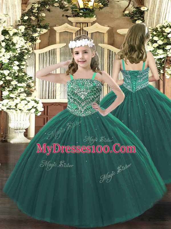 Dramatic Dark Green Tulle Lace Up Sweetheart Sleeveless Floor Length Quinceanera Gowns Beading