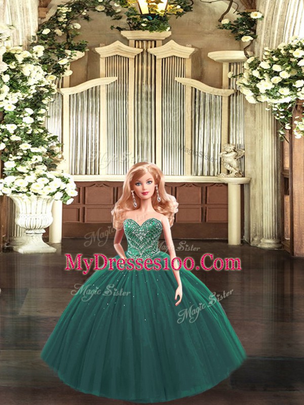 Dramatic Dark Green Tulle Lace Up Sweetheart Sleeveless Floor Length Quinceanera Gowns Beading