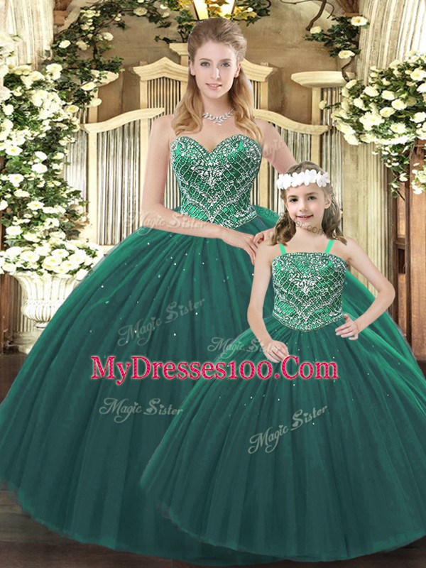 Dramatic Dark Green Tulle Lace Up Sweetheart Sleeveless Floor Length Quinceanera Gowns Beading