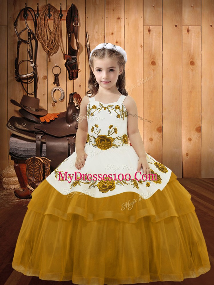 Straps Sleeveless Organza Little Girls Pageant Dress Wholesale Embroidery and Ruffled Layers Lace Up