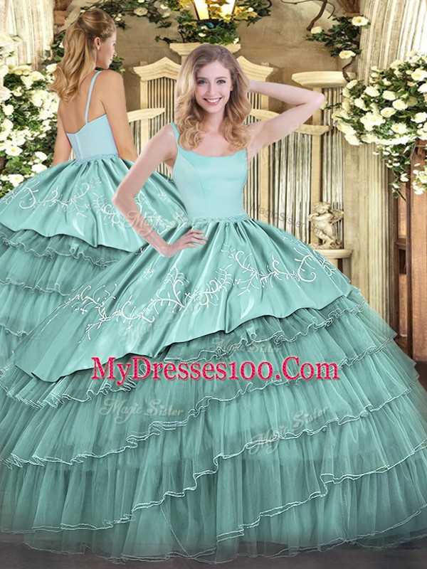 Dynamic Straps Sleeveless Quinceanera Gown Floor Length Embroidery and Ruffled Layers Blue Organza