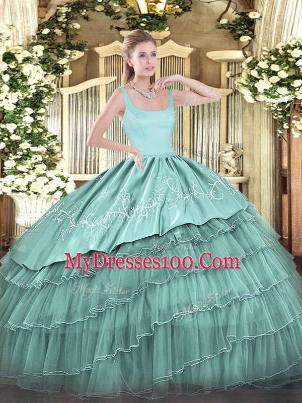 Dynamic Straps Sleeveless Quinceanera Gown Floor Length Embroidery and Ruffled Layers Blue Organza