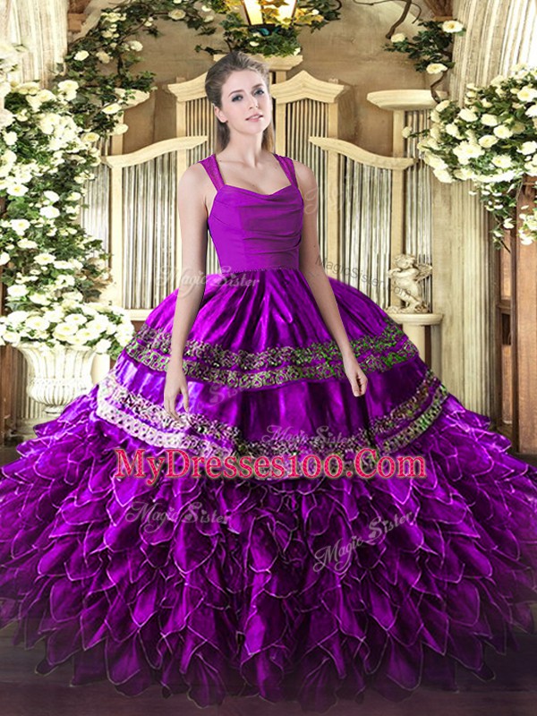 Clearance Fuchsia Sleeveless Floor Length Beading and Lace and Ruffles Zipper 15th Birthday Dress
