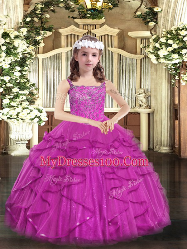 Sleeveless Tulle Floor Length Lace Up Pageant Dress Toddler in Fuchsia with Beading and Ruffles