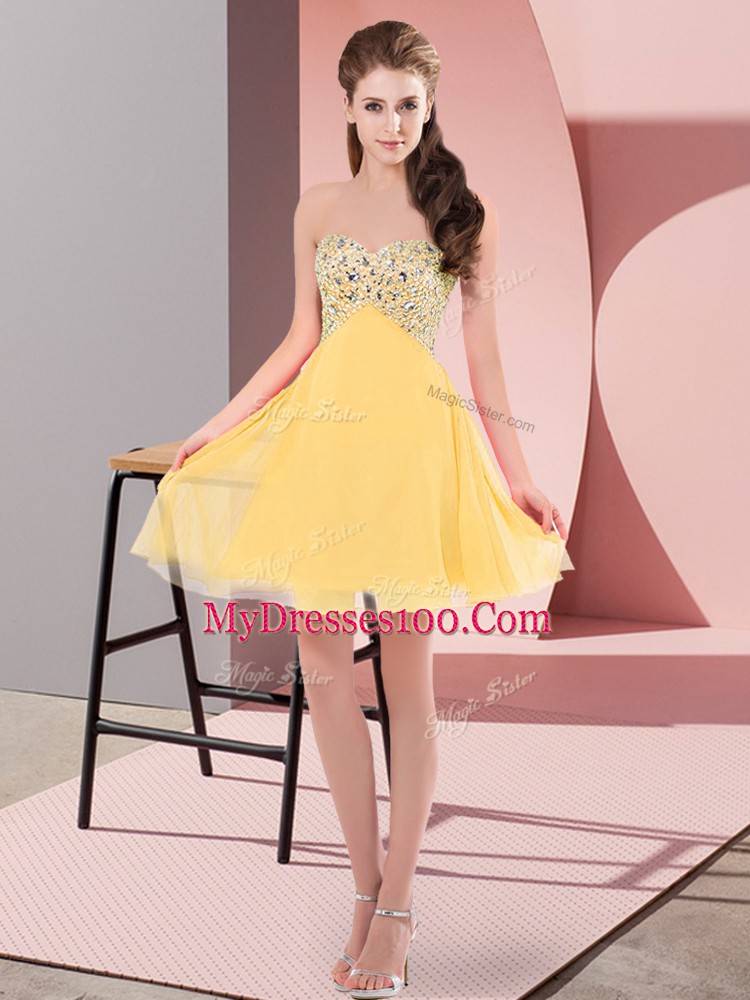 Graceful Sweetheart Sleeveless Prom Gown Mini Length Beading Gold Chiffon