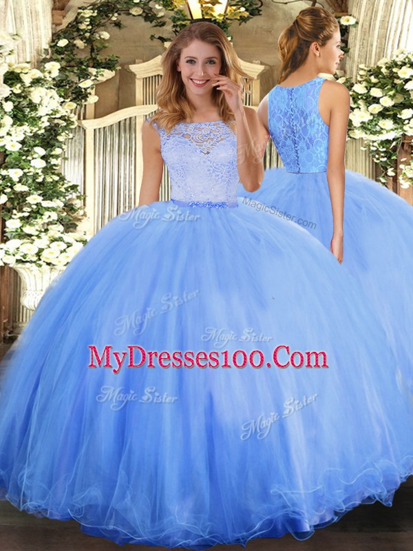 Baby Blue Quinceanera Gowns Military Ball and Sweet 16 and Quinceanera with Lace Scoop Sleeveless Clasp Handle