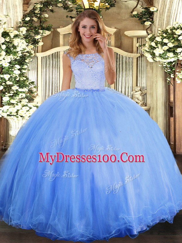 Baby Blue Quinceanera Gowns Military Ball and Sweet 16 and Quinceanera with Lace Scoop Sleeveless Clasp Handle