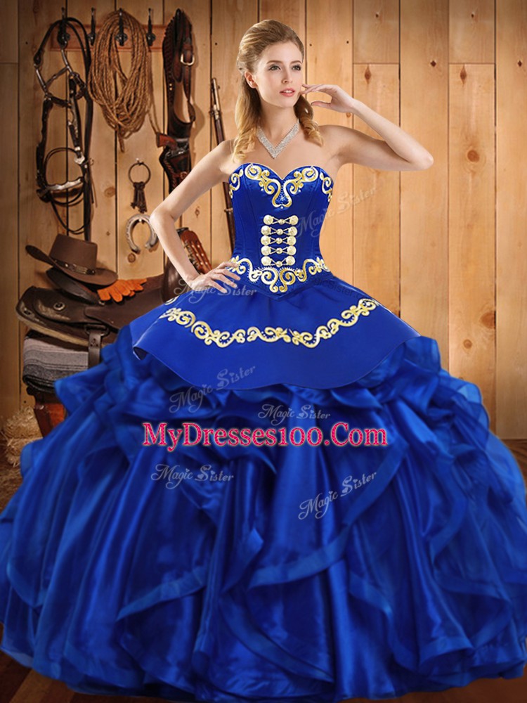 Royal Blue Sleeveless Satin and Organza Lace Up Sweet 16 Quinceanera Dress for Military Ball and Sweet 16 and Quinceanera