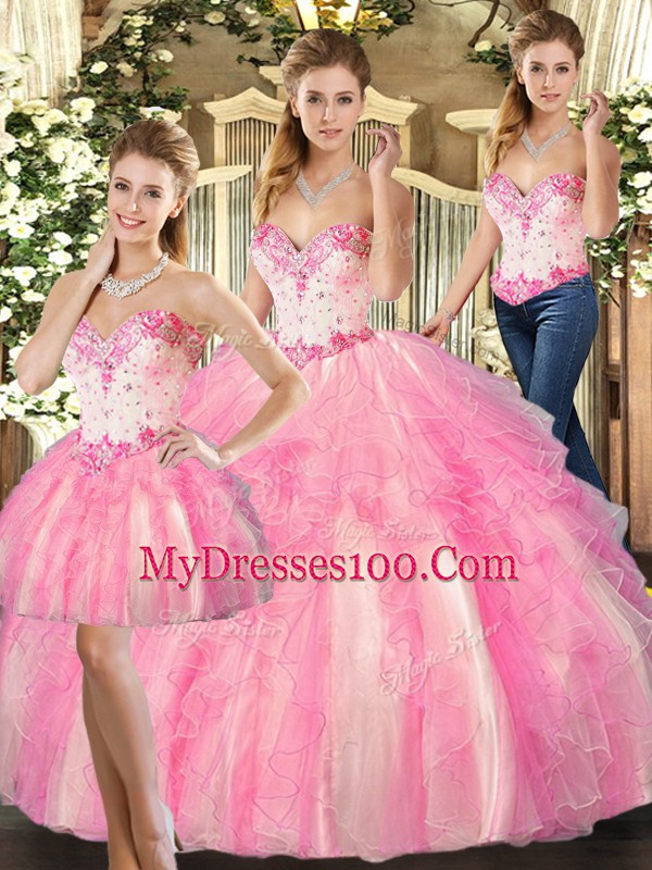 Floor Length Ball Gowns Sleeveless Rose Pink 15 Quinceanera Dress Lace Up