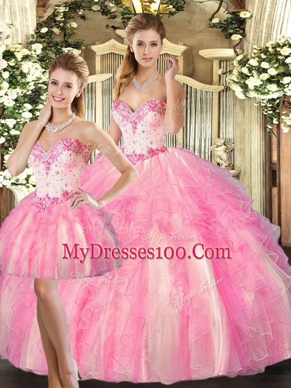 Floor Length Ball Gowns Sleeveless Rose Pink 15 Quinceanera Dress Lace Up