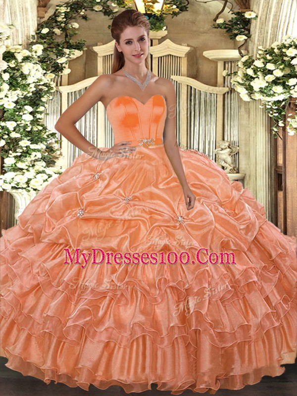 Sweetheart Sleeveless Organza Sweet 16 Dresses Beading and Ruffled Layers Lace Up
