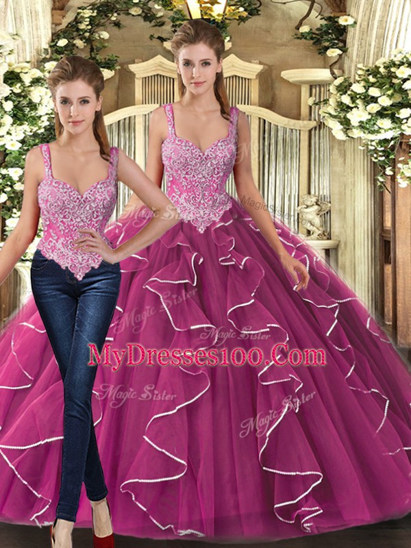 Popular Beading and Ruffles Quinceanera Gown Fuchsia Lace Up Sleeveless Floor Length