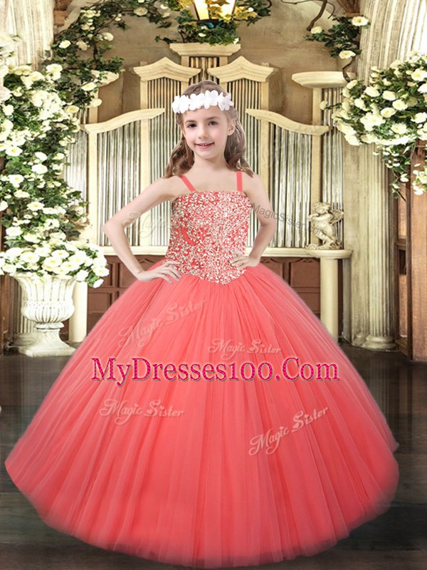 Exquisite Floor Length Coral Red Pageant Gowns For Girls Straps Sleeveless Lace Up