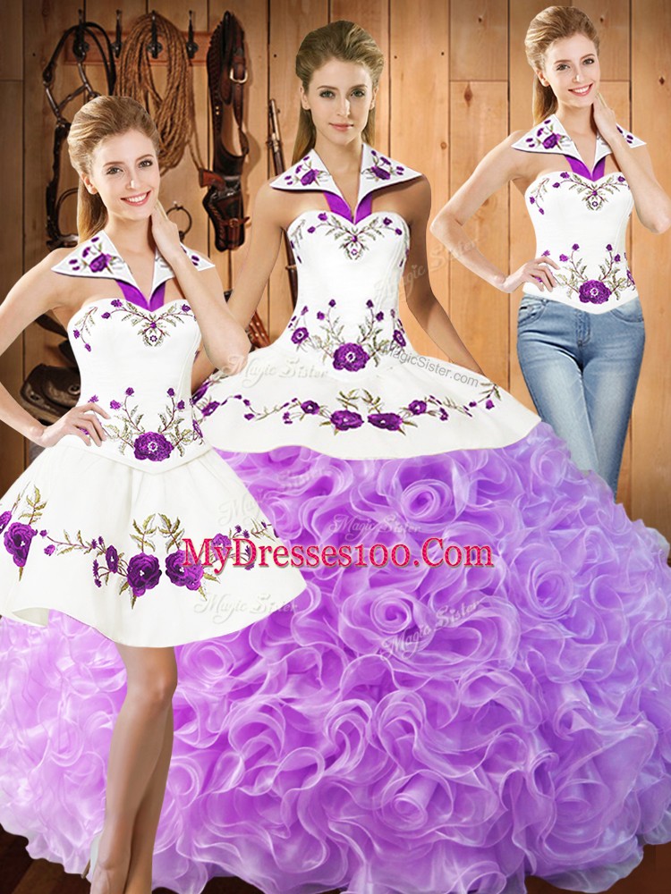 Custom Fit Floor Length Lace Up Quince Ball Gowns Lilac for Military Ball and Sweet 16 and Quinceanera with Embroidery