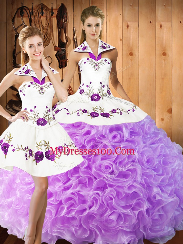 Custom Fit Floor Length Lace Up Quince Ball Gowns Lilac for Military Ball and Sweet 16 and Quinceanera with Embroidery