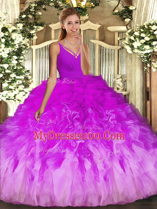 Dynamic V-neck Sleeveless Tulle Quince Ball Gowns Beading and Ruffles Backless