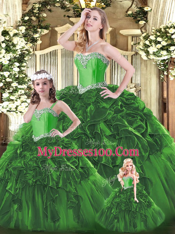 Designer Organza Sweetheart Sleeveless Lace Up Beading and Ruffles Quince Ball Gowns in Green
