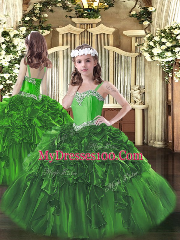 Designer Organza Sweetheart Sleeveless Lace Up Beading and Ruffles Quince Ball Gowns in Green