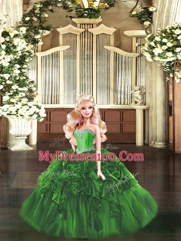 Designer Organza Sweetheart Sleeveless Lace Up Beading and Ruffles Quince Ball Gowns in Green