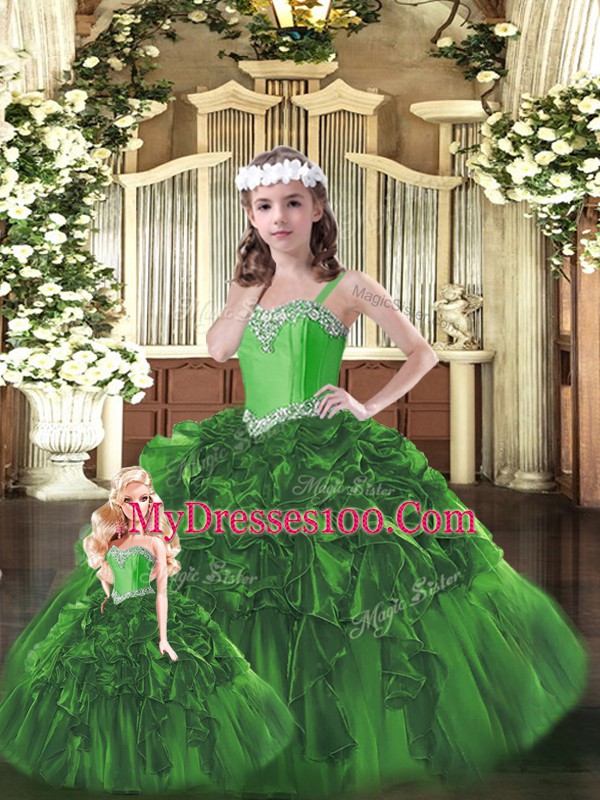 Designer Organza Sweetheart Sleeveless Lace Up Beading and Ruffles Quince Ball Gowns in Green