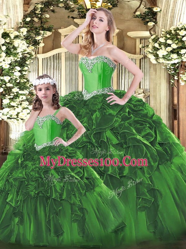 Designer Organza Sweetheart Sleeveless Lace Up Beading and Ruffles Quince Ball Gowns in Green