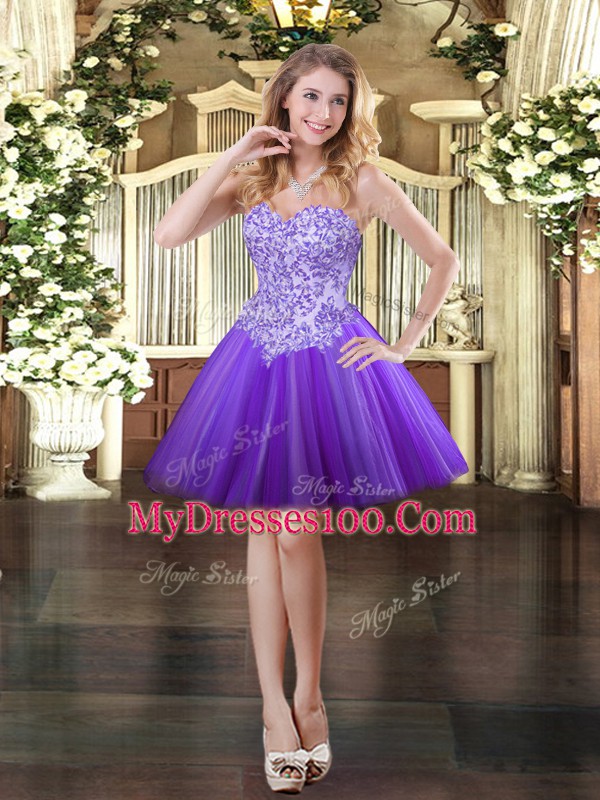 Super Tulle Sweetheart Sleeveless Lace Up Appliques Casual Dresses in Purple