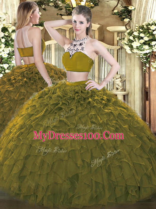 Tulle High-neck Sleeveless Backless Beading and Ruffles Sweet 16 Dress in Olive Green