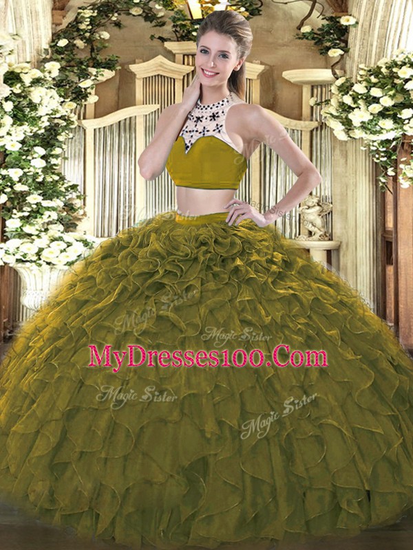 Tulle High-neck Sleeveless Backless Beading and Ruffles Sweet 16 Dress in Olive Green