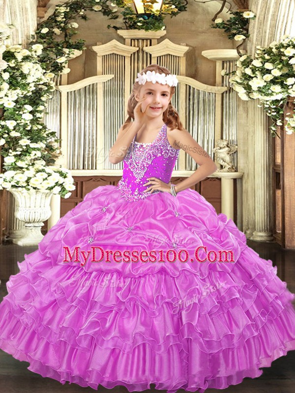 Lilac Pageant Dress for Teens Party and Quinceanera with Beading and Ruffled Layers and Pick Ups V-neck Sleeveless Lace Up