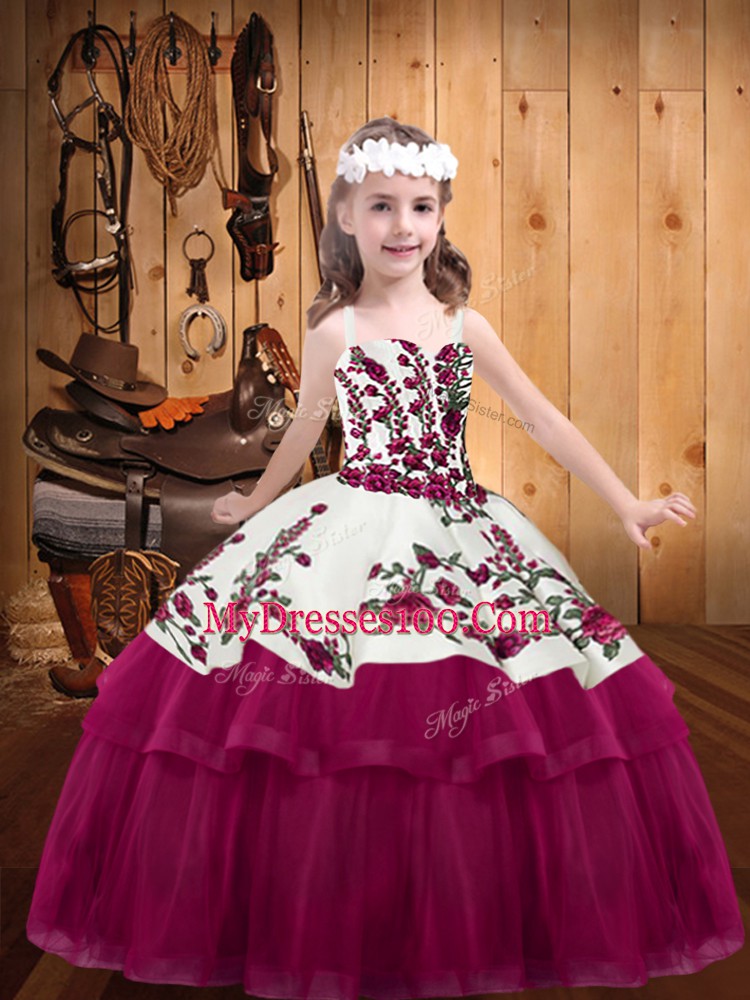 Customized Straps Sleeveless Little Girls Pageant Dress Floor Length Embroidery Fuchsia Organza