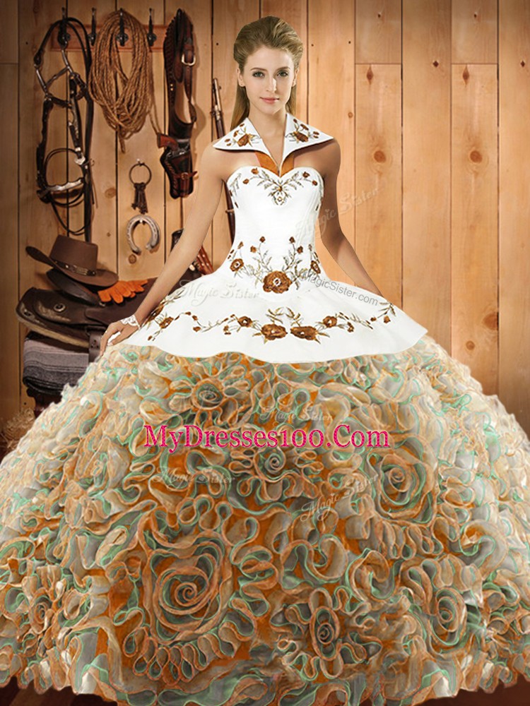 Halter Top Sleeveless Sweet 16 Dress Sweep Train Embroidery Multi-color Fabric With Rolling Flowers